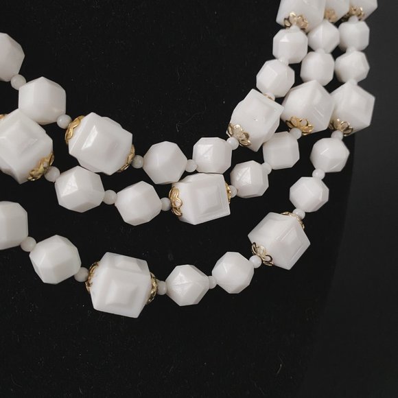 Vintage Hong Kong White Gold Square Chunky Beaded Layered Multi Strand Necklace - Picture 3 of 12